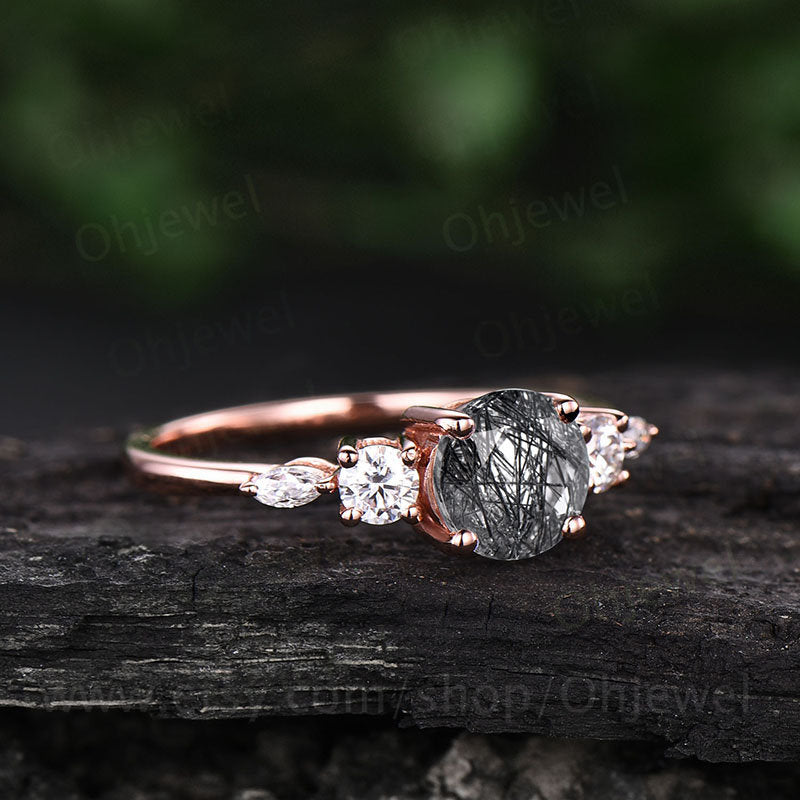 Vintage black rutilated quartz engagement ring rose gold art deco moissanite ring gold silver round cut ring promise wedding bridal ring