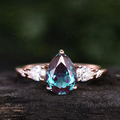 Alexandrite ring gold silver women vintage Alexandrite engagement ring rose gold five stone pear shaped bridal ring moissanite ring band
