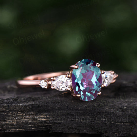 Color change vintage Alexandrite engagement ring rose gold silver five stone moissanite ring oval cut wedding ring promise bridal ring gift