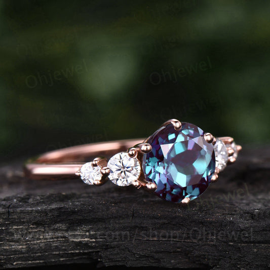 Alexandrite ring silver women unique vintage Alexandrite engagement ring rose gold round cut ring June birthstone jewelry promise ring her