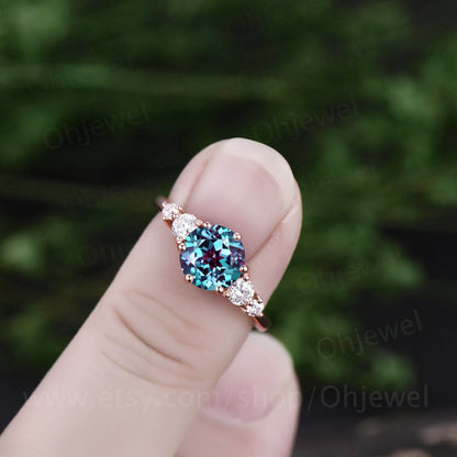 Alexandrite ring silver women unique vintage Alexandrite engagement ring rose gold round cut ring June birthstone jewelry promise ring her