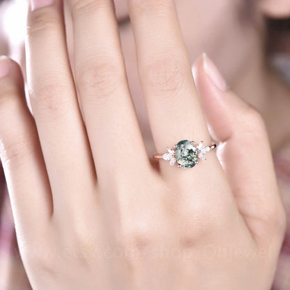Oval cut moss agate engagement ring vintage rose gold green moss ring organic stone 7 stone ring marquise moissanite ring dainty jewelry