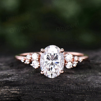 Cluster unique vintage moissanite engagement ring rose gold silver oval cut promise ring women dainty custom ring promise anniversary ring