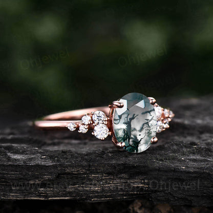 Oval moss agate ring silver dainty vintage moss agate engagement ring cluster moissanite ring rose gold women promise bridal wedding ring