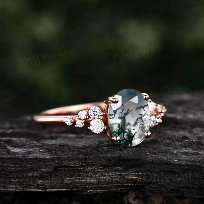 Vintage oval cut green moss agate engagement ring rose gold dainty cluster snowdrift unique engagement ring moissanite wedding ring women