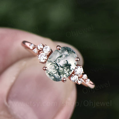 Vintage oval cut green moss agate engagement ring rose gold dainty cluster snowdrift unique engagement ring moissanite wedding ring women