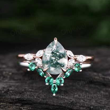 Pear moss agate ring set for women art deco vintage moss agate engagement ring set rose gold silver marquise emerald moissanite ring set