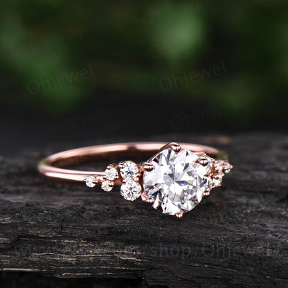 Cluster unique vintage moissanite engagement ring rose gold silver round cut promise ring women six prong ring bridal custom wedding ring