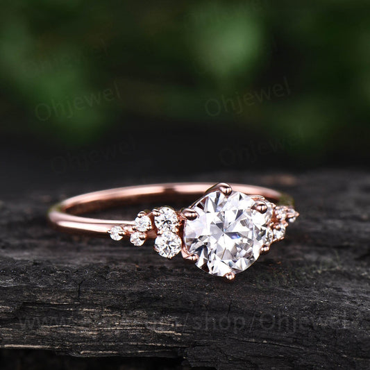 Cluster unique vintage moissanite engagement ring rose gold silver round cut promise ring women six prong ring custom bridal wedding ring