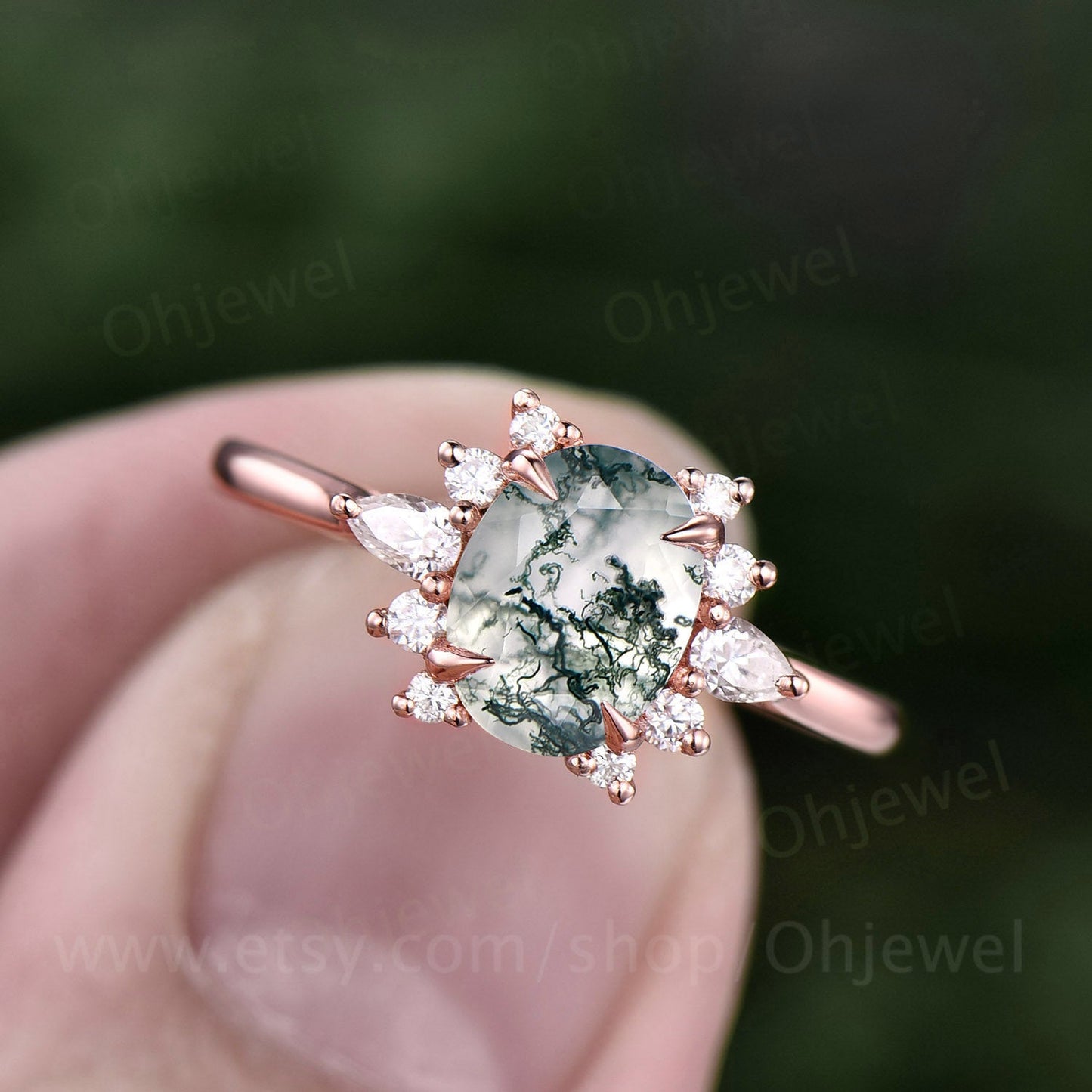 Cluster unique halo vintage style green moss agate engagement ring rose gold silver ring oval cut bridal ring custom ring women her gift