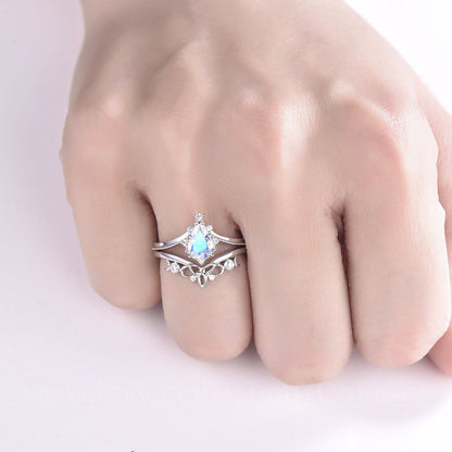 Pear moonstone engagement ring set white gold vintage moonstone ring sterling silver moissanite ring for women Milgrain Norse Viking ring