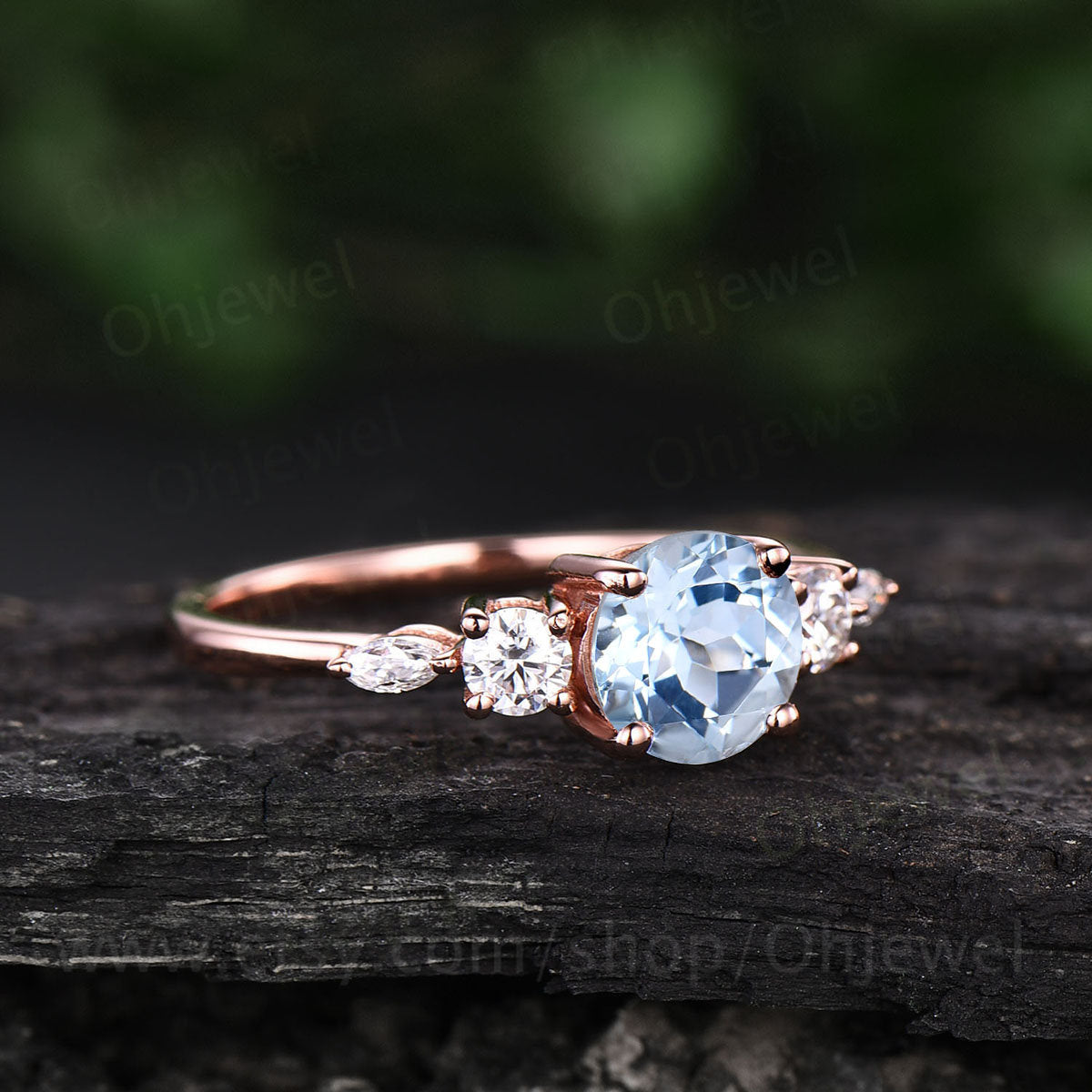 1ct round Aquamarine engagement ring five stone art deco rose gold silver ring women marquise custom ring dainty March birthstone ring gift