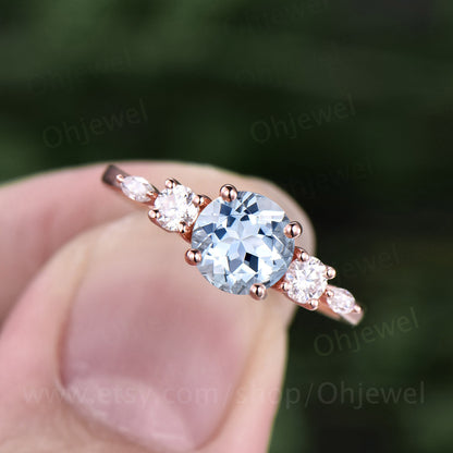 1ct round Aquamarine engagement ring five stone art deco rose gold silver ring women marquise custom ring dainty March birthstone ring gift