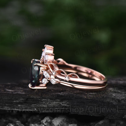 Pear moss agate ring set for women moss agate engagement ring set art deco crown Milgrain ring marquise moissanite ring rose gold silver