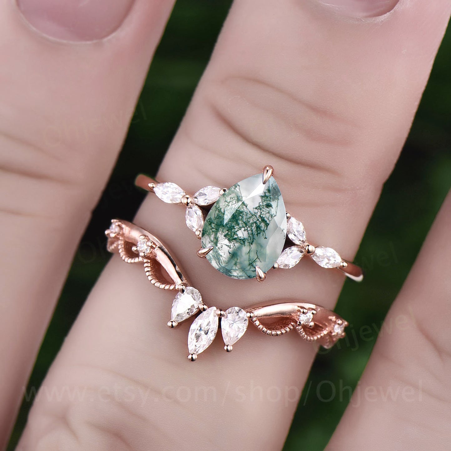 Pear moss agate ring set for women moss agate engagement ring set art deco crown Milgrain ring marquise moissanite ring rose gold silver