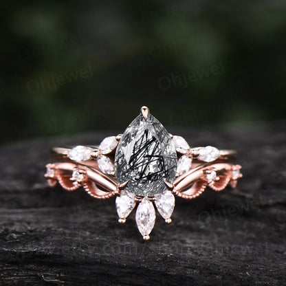 Pear black rutilated quartz engagement ring set rose gold silver ring art deco crown Milgrain dainty ring jewelry unique wedding ring set