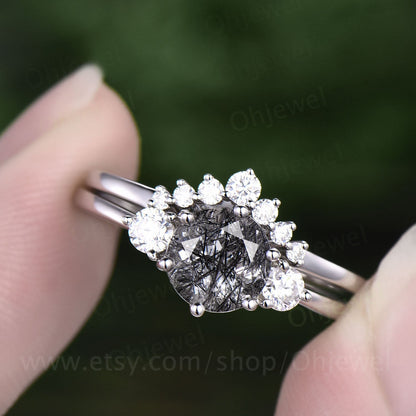 Vintage black rutilated quartz engagement ring set three stone ring moissanite ring for women antique rose gold ring bridal set jewelry gift