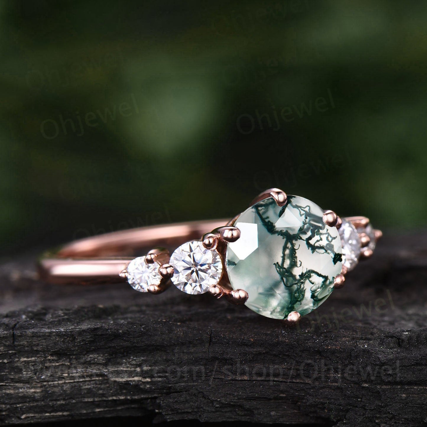 Round moss agate ring for women unique vintage moss agate engagement ring five stone rose gold moissanite ring custom ring dainty promise