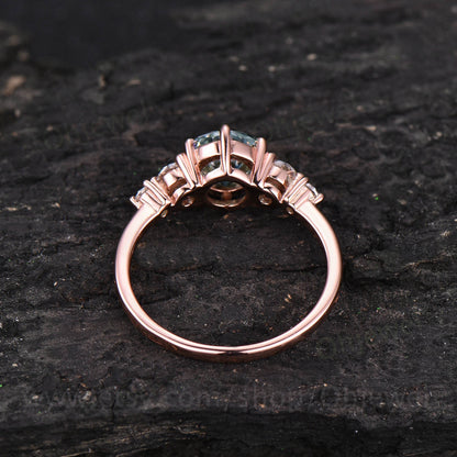 Round moss agate ring for women unique vintage moss agate engagement ring five stone rose gold moissanite ring custom ring dainty promise