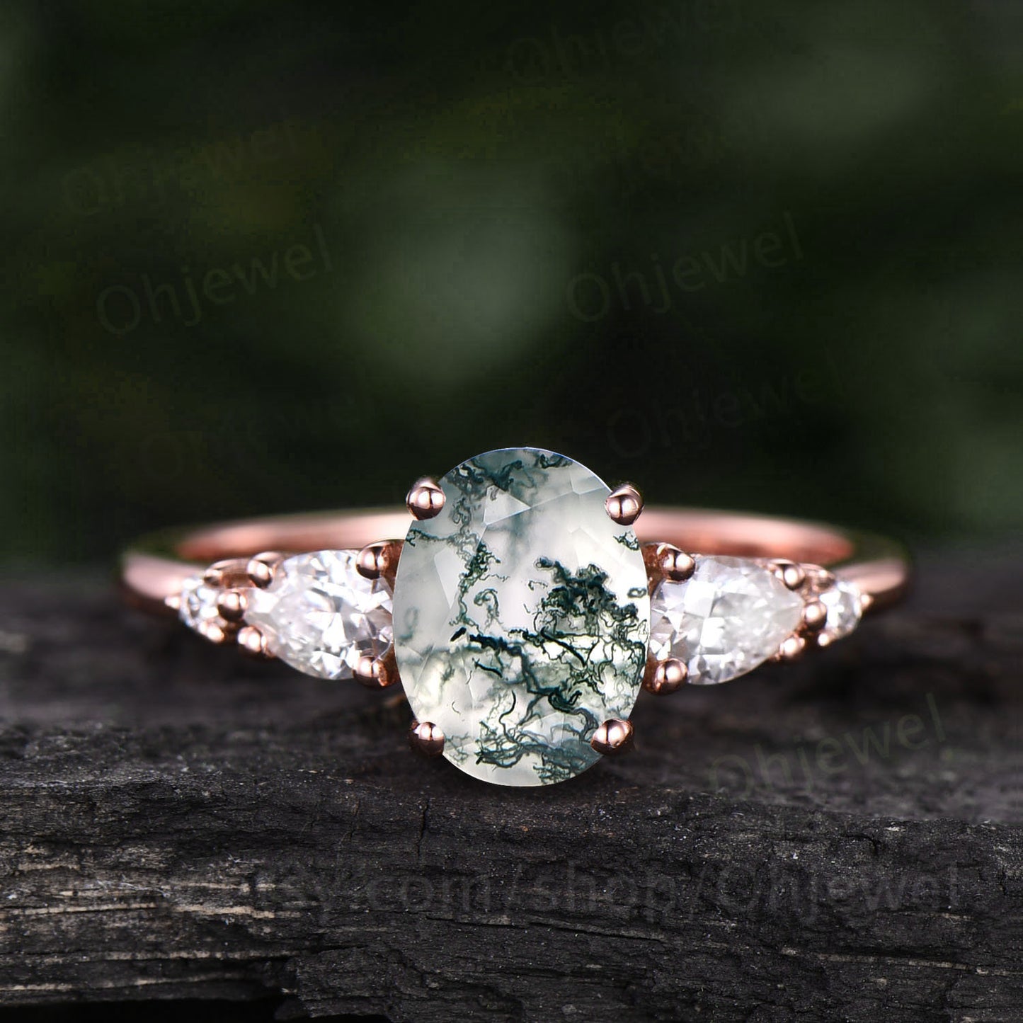 Oval moss agate engagement ring five stone rose gold silver ring pear moissanite ring green moss ring prong dainty bridal anniversary ring