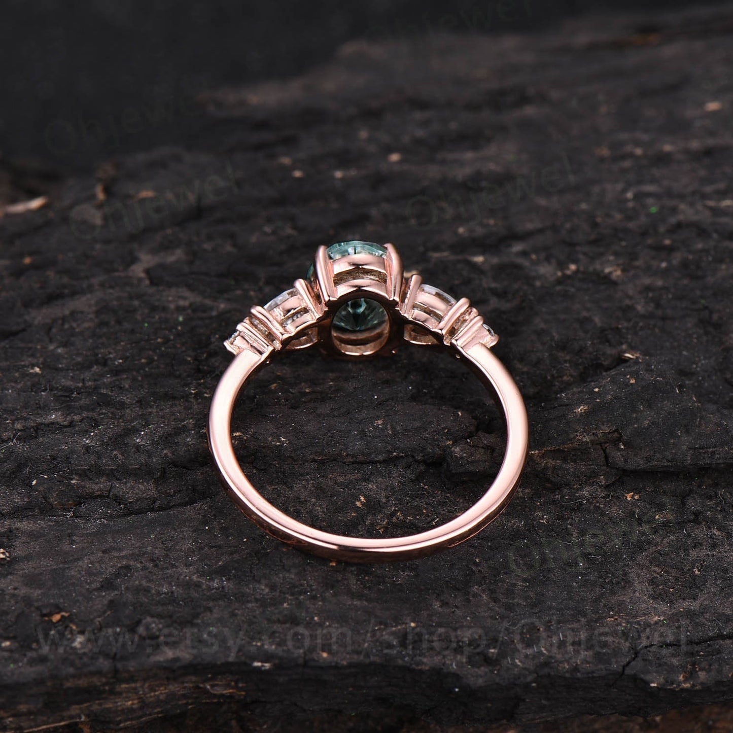 Oval moss agate engagement ring five stone rose gold silver ring pear moissanite ring green moss ring prong dainty bridal anniversary ring