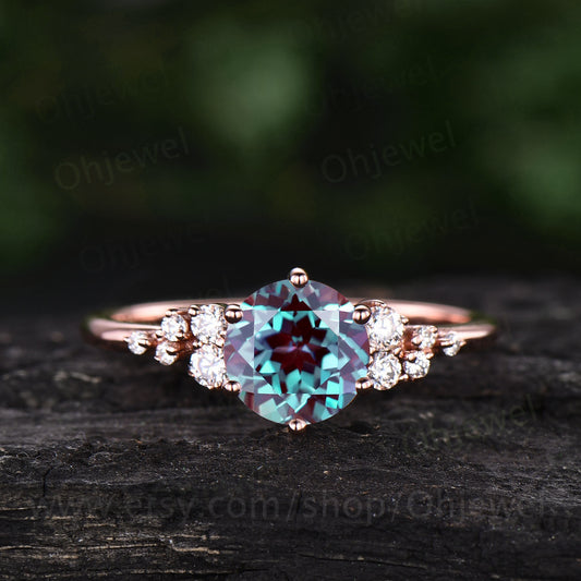 1ct Alexandrite ring gold silver cluster vintage Alexandrite engagement ring rose gold moissanite anniversary promise wedding ring women