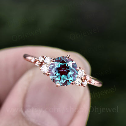 1ct Alexandrite ring gold silver cluster vintage Alexandrite engagement ring rose gold moissanite anniversary promise wedding ring women