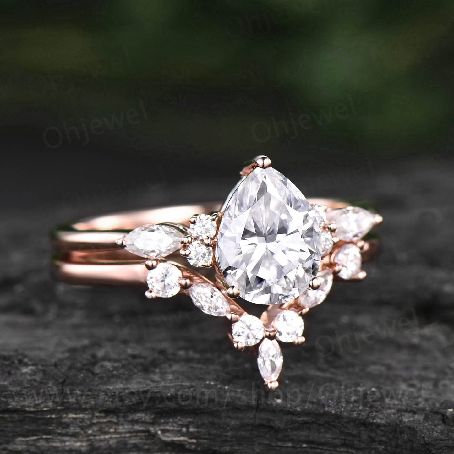 Pear shaped moissanite engagement ring set art deco vintage marquise moissanite ring set 7 stone rose gold silver unique wedding ring set