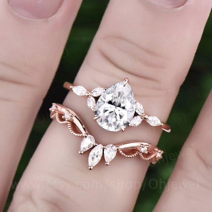 Vintage pear shaped moissanite engagement ring rose gold art deco flower ring marquise cut moissanite ring crown wedding ring set for women