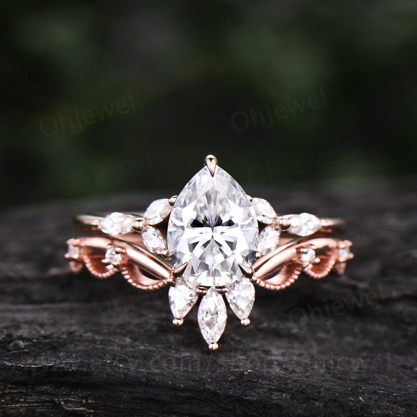 Pear moissanite ring set for women vintage moissanite engagement ring set art deco crown Milgrain ring marquise ring set rose gold silver