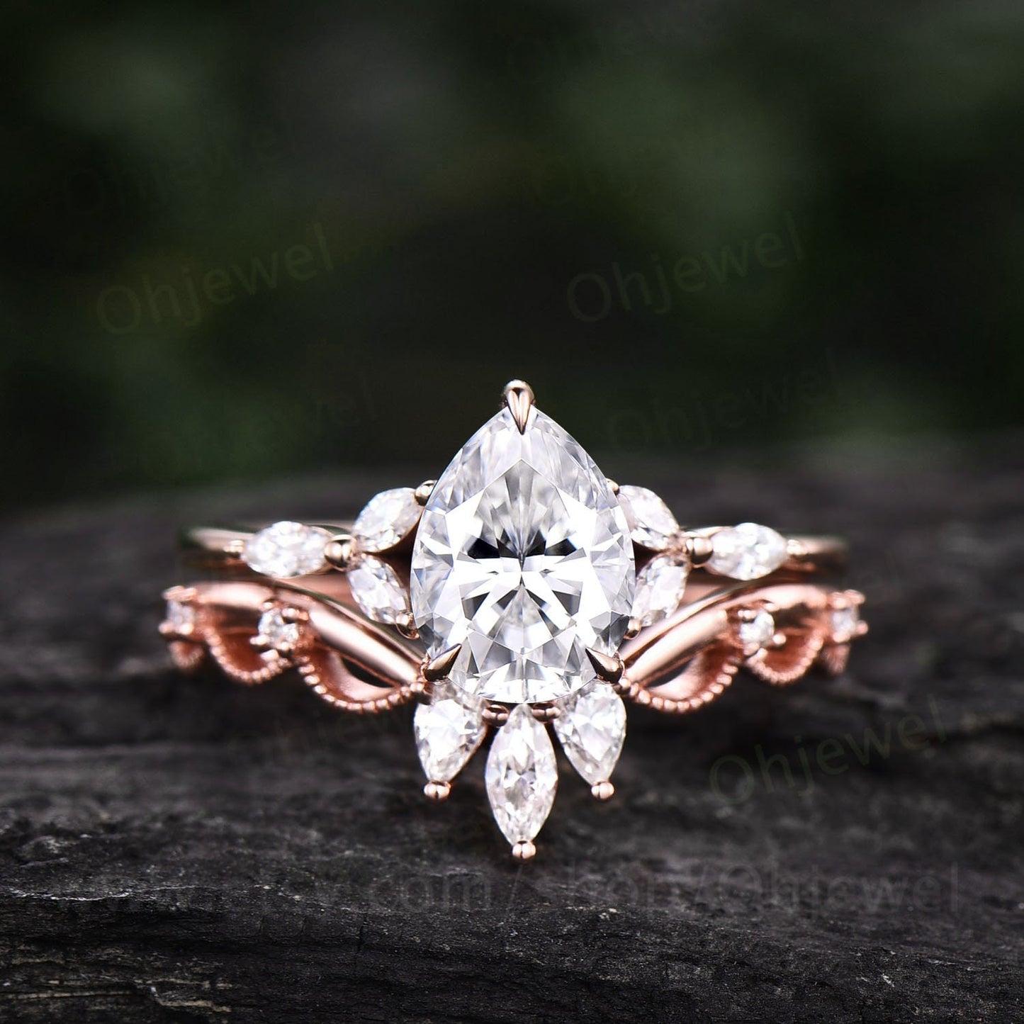 Vintage pear shaped moissanite engagement ring rose gold art deco flower ring marquise cut moissanite ring crown wedding ring set for women
