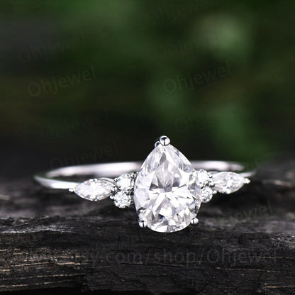 Pear shaped moissanite engagement ring vintage marquise moissanite ring unique 7 stone ring rose gold ring women bridal anniversary gift