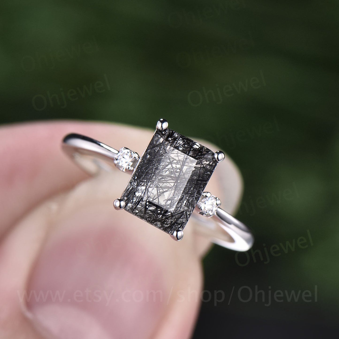 Three stone diamond ring emerald cut black quartz rutilated engagement ring for women custom jewelry black stone ring rose gold bridal ring