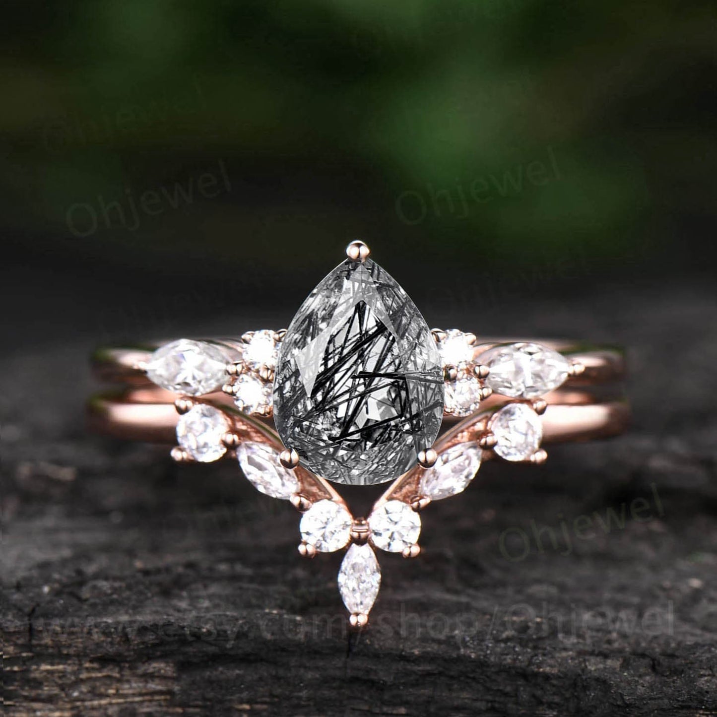 Pear shaped black rutilated quartz engagement ring set art deco rose gold silver vintage dainty moissanite bridal wedding ring set women