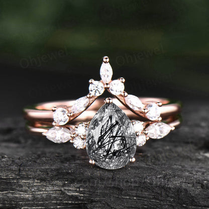 Pear shaped black rutilated quartz engagement ring set art deco rose gold silver vintage dainty moissanite bridal wedding ring set women