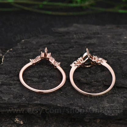 Vintage pear shaped green emerald engagement ring set art deco rose gold marquise cut moissanite ring set unique wedding ring set for women