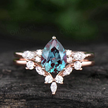 Art deco Alexandrite engagement ring set vintage rose gold ring moissanite ring silver dainty custom ring women unique bridal ring set gift