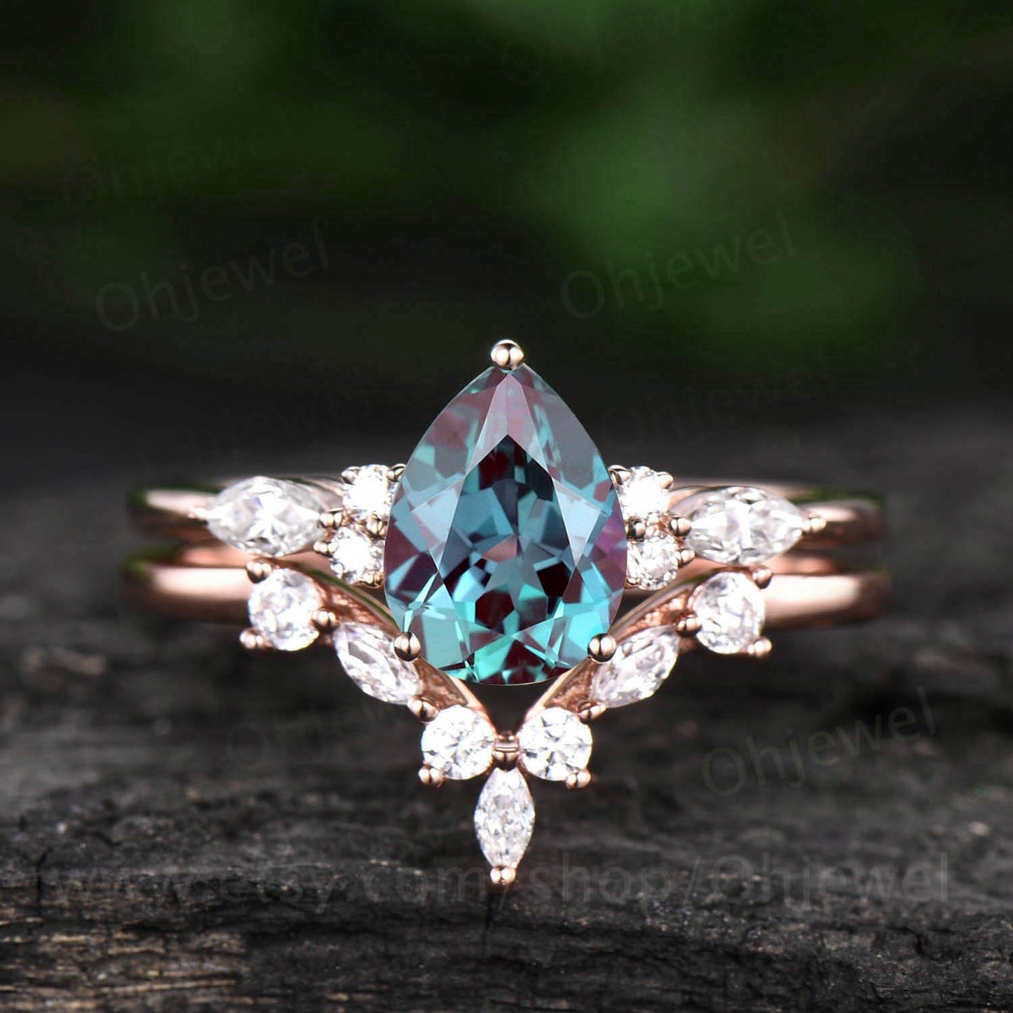 Unique pear shaped Alexandrite engagement ring set art deco vintage 14k rose gold marquise moissanite ring for women silver wedding ring set