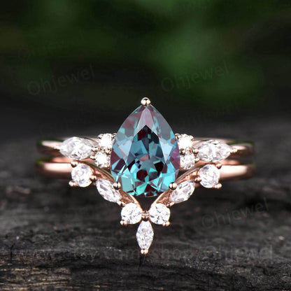 Unique pear shaped Alexandrite engagement ring set art deco vintage 14k rose gold marquise moissanite ring for women silver wedding ring set