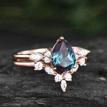 Art deco Alexandrite engagement ring set vintage rose gold ring moissanite ring silver dainty custom ring women unique bridal ring set gift