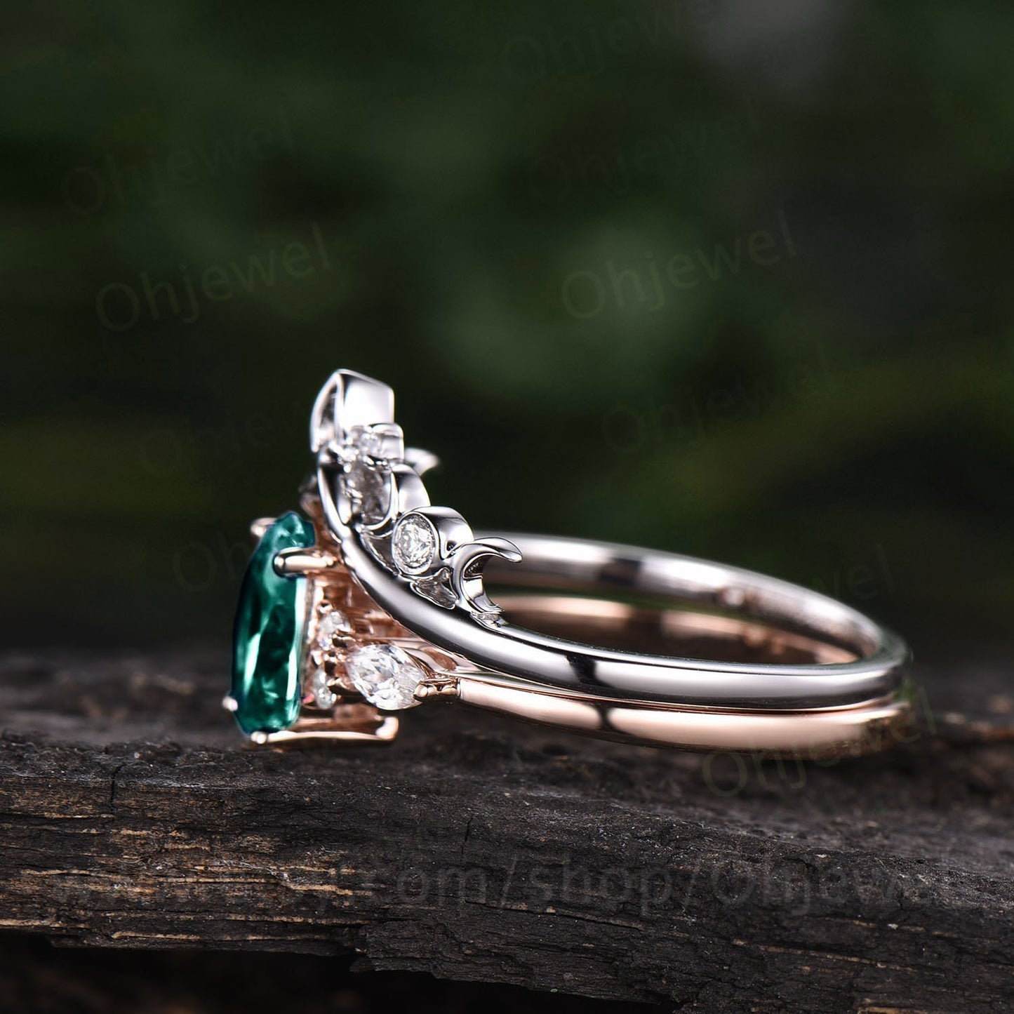 Vintage unique oval cut emerald engagement ring set 14k rose gold silver 7 stone moissanite wedding ring for women Norse viking ring Jewelry
