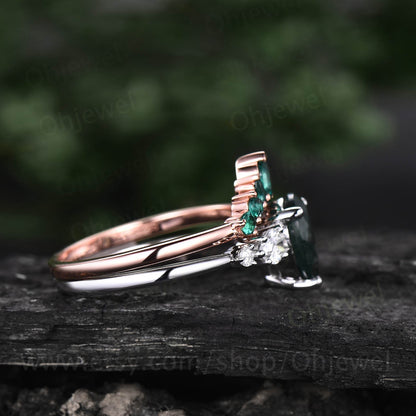 Vintage moss agate ring gold silver for women pear moss agate engagement ring set unique moissanite wedding set art deco emerald ring band
