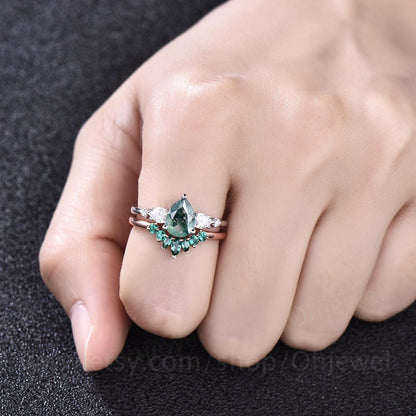 Vintage moss agate ring gold silver for women pear moss agate engagement ring set unique moissanite wedding set art deco emerald ring band