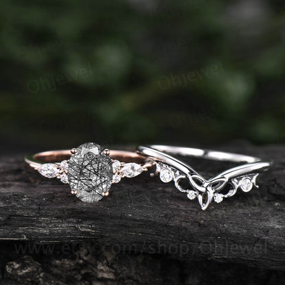Vintage oval black rutilated quartz engagement ring set moissanite rose gold silver bridal ring women marquise Norse Viking ring jewelry