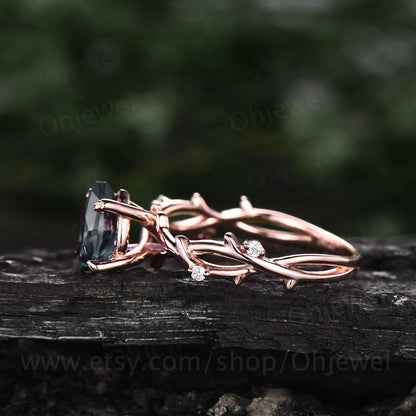 Vintage pear shaped green moss agate engagement ring leaf art deco rose gold five stone diamond ring for women unique promise bridal ring