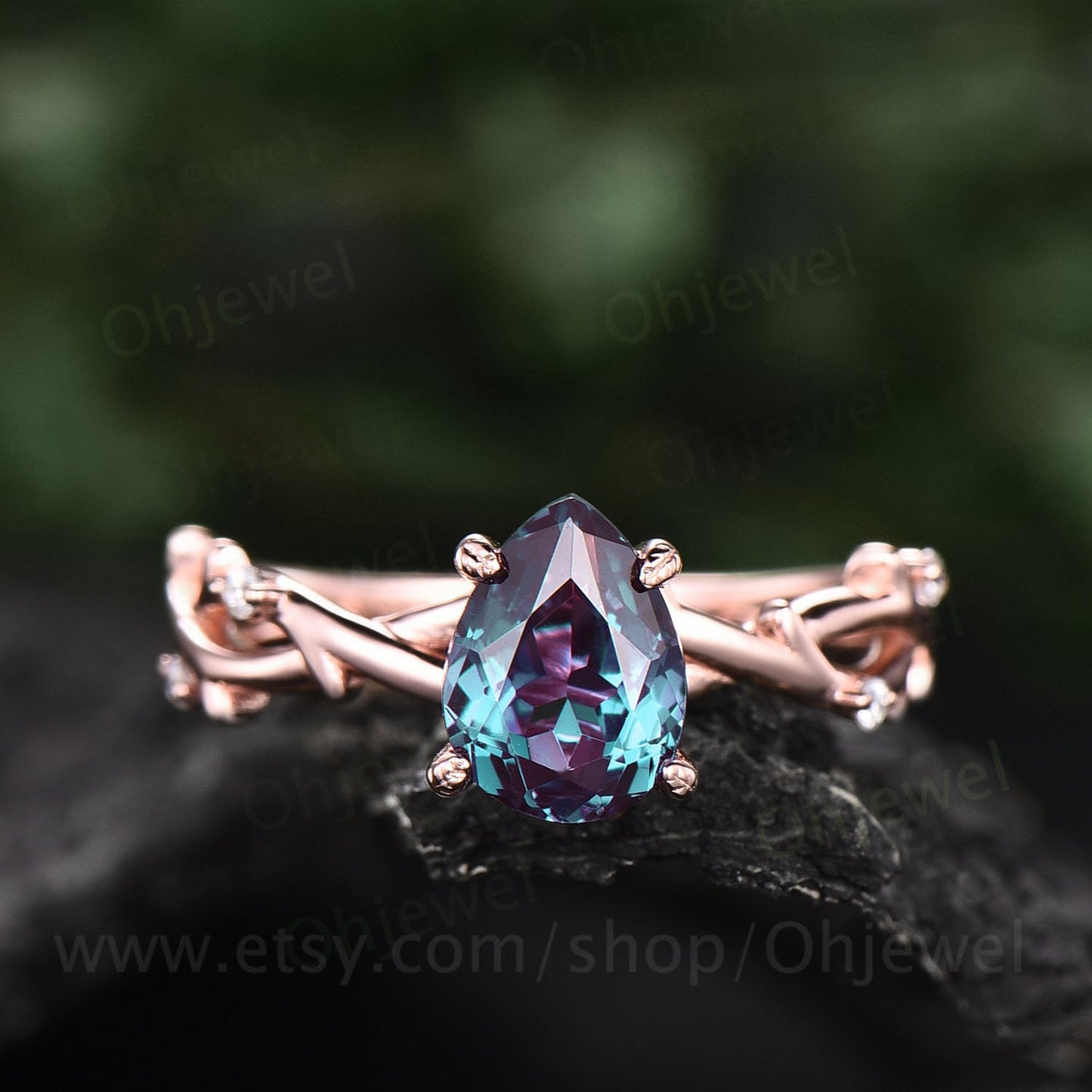 Vintage pear shaped alexandrite engagement ring leaf art deco 14k rose gold five stone diamond ring for women promise bridal ring jewelry