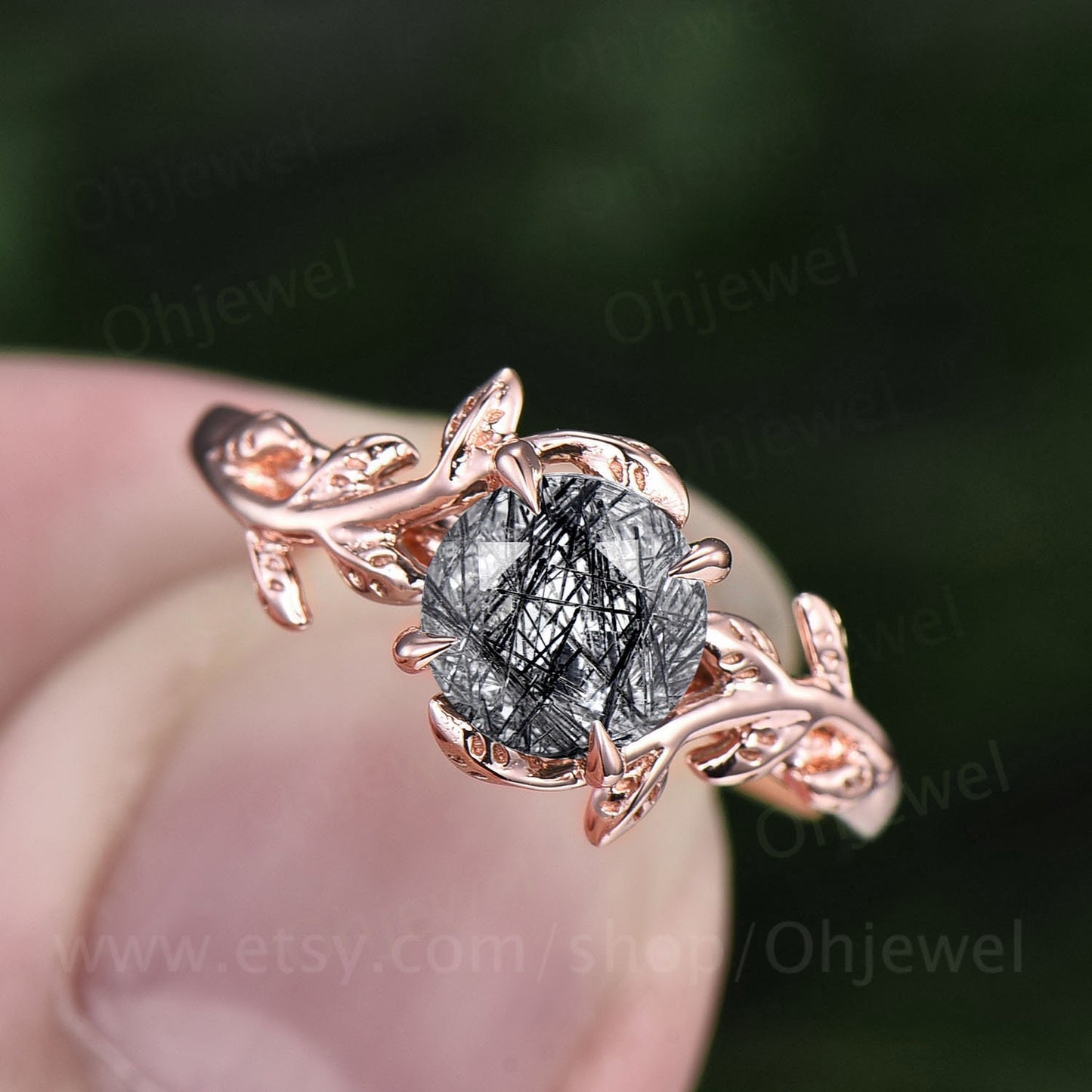Vintage black rutilated quartz engagement ring leaf flower art deco rose gold silver round cut solitaire ring for women anniversary gifts