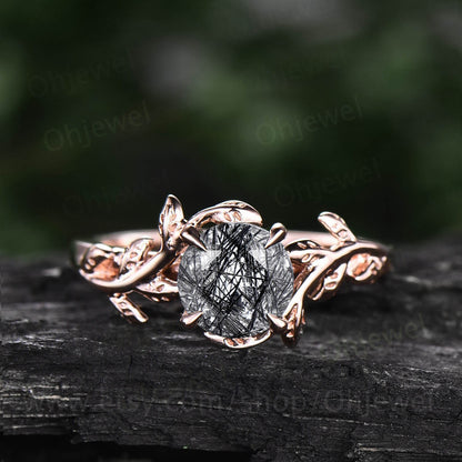 Vintage black rutilated quartz engagement ring leaf flower art deco rose gold silver round cut solitaire ring for women anniversary gifts