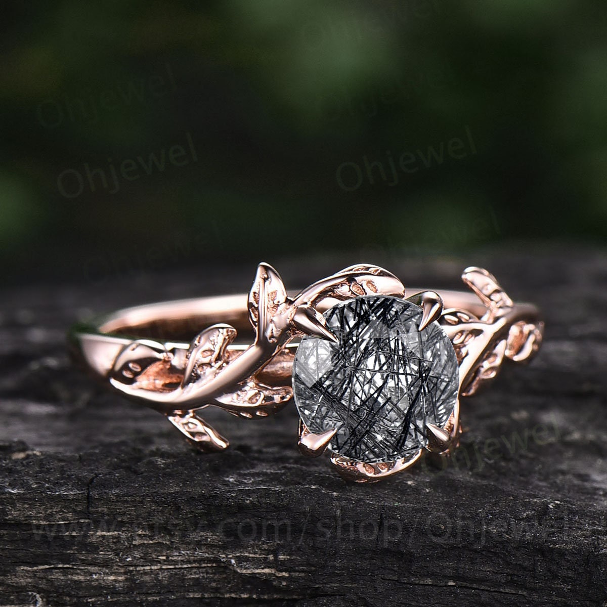 Vintage black rutilated quartz engagement ring leaf flower art deco rose gold silver round cut solitaire ring for women anniversary gifts