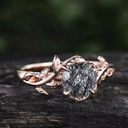 Vintage black rutilated quartz engagement ring leaf flower art deco rose gold silver round cut solitaire ring for women anniversary gifts